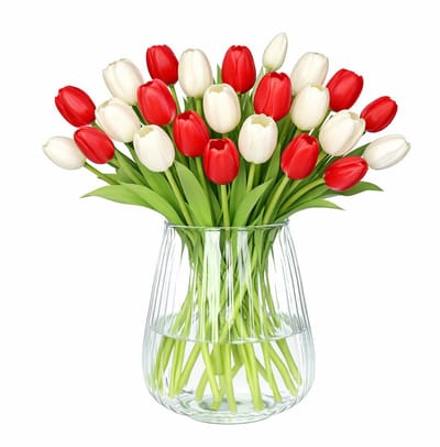 Bellatio Design Kunst tulpen boeket mix Bella - 24x stuks - rood / wit - real touch - 40 cm