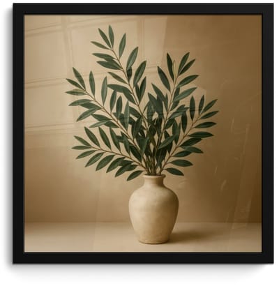 Poster in lijst - Fotolijst 40x40 cm - Posters - Vaas - Olijftakken - Bladeren - Beige - Posterlijst zwart - Decoratie - Wanddecoratie woonkamer - Muurdecoratie slaapkamer