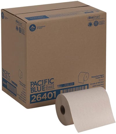 Gerecycleerde papieren handdoekrol, 350 voet per rol, 12 rollen per koffer