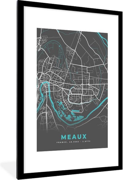 Fotolijst incl. Poster - Plattegrond – Meaux – Stadskaart – Kaart – Frankrijk - 80x120 cm - Posterlijst