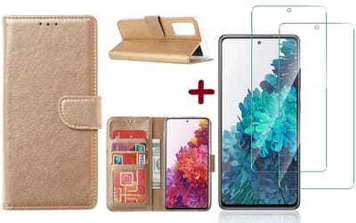 Hoesje Geschikt Voor Samsung Galaxy S20 FE hoesje - bookcase Goud - Galaxy S20 FE wallet case portemonnee hoesje - S20 FE book case hoes cover Met 2X screenprotector / tempered glass