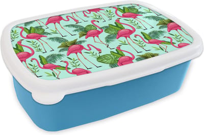 Broodtrommel Blauw - Lunchbox - Brooddoos - Flamingo - Jungle - Tropisch - Dieren - Patroon - 18x12x6 cm - Kinderen - Jongen