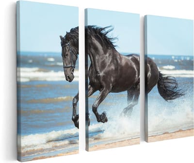 Artaza Canvas Schilderij Drieluik Zwart Paard In Het Water - 120x80 - Foto Op Canvas - Canvas Print