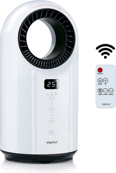 alpina Elektrische Verwarming en Ventilator 1500W – Bladloze Ventilatorkachel met LED Display – Ventilator Kachel met Timer en Afstandsbediening – Oscillerende Verwarming of Verkoeling – Wit