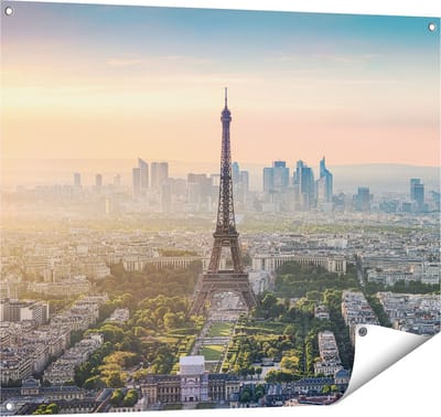 Gards Tuinposter Skyline van Parijs met de Eiffeltoren - 100x80 cm - Tuindoek - Tuindecoratie - Wanddecoratie buiten - Tuinschilderij