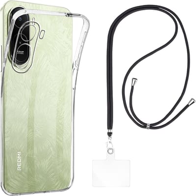 Set met hoesje en nekband voor Xiaomi Redmi A7 Pro 4G - Flexibele, transparante TPU-bescherming, verstelbare universele nekband voor mobiele telefoons, zwarte nekband, transparante draagriem van Phonillico®
