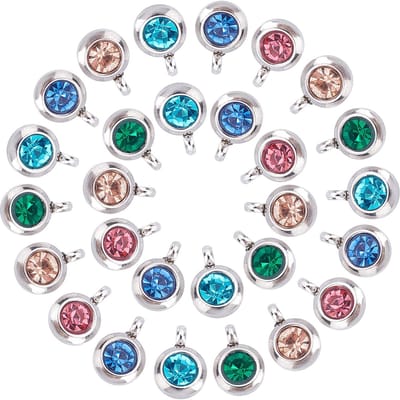 Ongeveer 30 stuks 5 Kleuren Platte Ronde Strass Hangers Roestvrij Staal Binding Charm Gemengde Kleur Gefacetteerd Sieraden Bedels voor Sieraden Maken Gat 2 mm