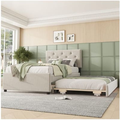 Lit - MUVOE - 90x200cm - Velours Beige - Lit à roulettes - Minimaliste beige