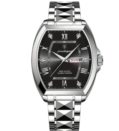 Poedagar Herenhorloge - Mannen - Zilveren Polsband - Zilver en Zwart - Horlogedoos