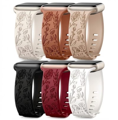 Gemengde kleur horlogebandjes 42 44 45 49 mm geschikt voor Apple Watch dames met bloemen gravure, siliconen smartwatch bandjes set van 6 vervangende horloge bandjes met gesp