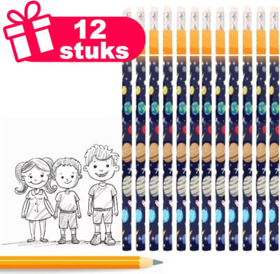 Henbrandt - 12 Stuks Space / Ruimtevaart Potloden met Gum - Uitdeelcadeautjes voor Verjaardag Traktaties - Potood Grabbelton Cadeautjes - Kinderfeestjes - Potloden Kindertraktaties en Weggeefcadeautjes