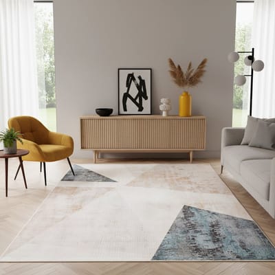 Tapiso Nora Vloerkleed Woonkamer Kleed Beige Grijs Modern Geometrisch Antislip Vlekbestendig Kortpolig Gedrukt Tapijt voor Slaapkamer Eetkamer en Hal Easy-Care & OEKO TEX - 80x150