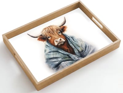 Dienblad hout 50x35 cm - Schootdienblad - Schotse hooglander - Deken - Wit - Borrelplank rechthoek - Plateau dienbladen