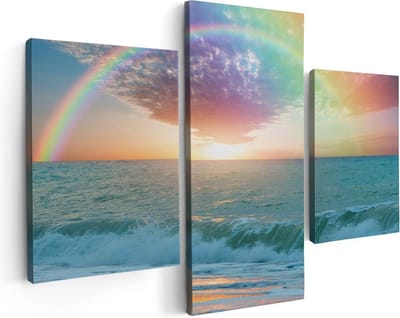 Artaza Canvas Schilderij Drieluik Regenboog in het Water bij het Strand - 90x60 - Foto Op Canvas - Canvas Print