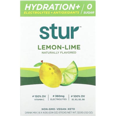 Stur, Mélange pour boisson réhydratante + électrolyte + antioxydant, saveur citron-lime, 8 bâtonnets, 0,14 oz (4g) Chaque