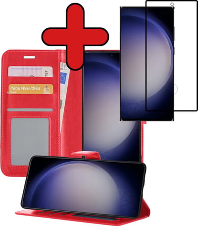 Hoesje - Met Screenprotector - Geschikt voor Samsung Galaxy S23 Ultra - Luxe Pasjeshouder - Flipcase - Bookcase Portemonee - Flip Case - Kunstleer Book Case - Book Cover - Walletcase - Portemonneehoes - Telefoonhoes - Rood