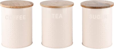 Dekoratief | Bewaarpot 'Coffee/Tea/Sugar', wit, hout/metaal, 11x11x15cm, set van 3 stuks | A248222