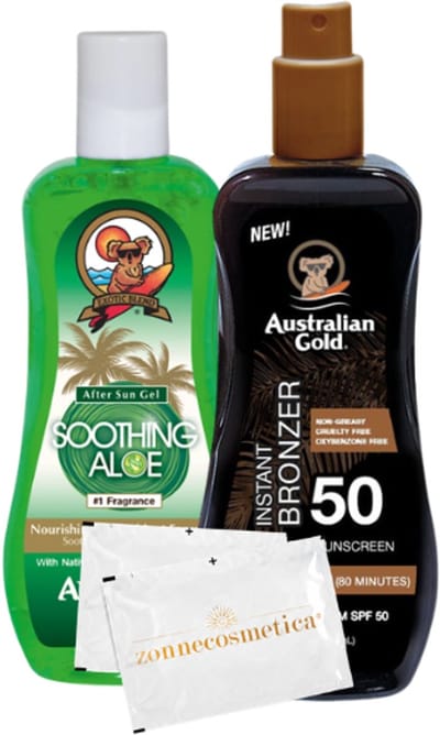 Australian Gold - SPF 50 Spraygel met bronzer + Soothing Aloë + 2 Verfrissingsdoekjes