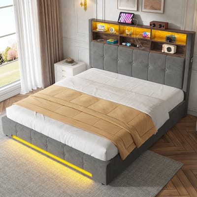 MIVRAY Bed 160x200 cm Zonder Matras - Tweepersoonsbed Met 6 Open Vakken, USB C en LED Verlichting - Met Opbergruimte - Metaal en Stof - Donkergrijs