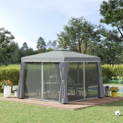 REDOM - Paviljoen - Dubbel Dak En Gordijnen - Voor Tuin Of Terras - Aluminium - Donkergrijs - 2,96 X 2,96 X 2,70 M