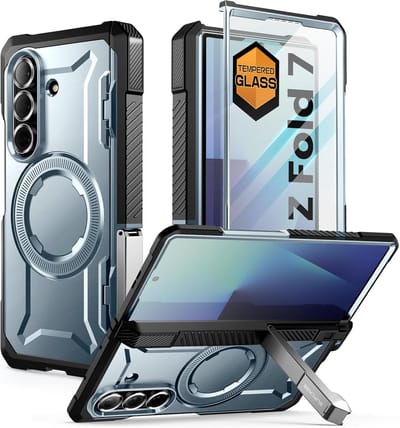 Supcase Geschikt voor Samsung Galaxy Z Fold 7 - Met Kickstand - Ingebouwde Gehard Glazen Schermbeschermer - Militaire Kwaliteit - Back Cover Hoesje - Blauw