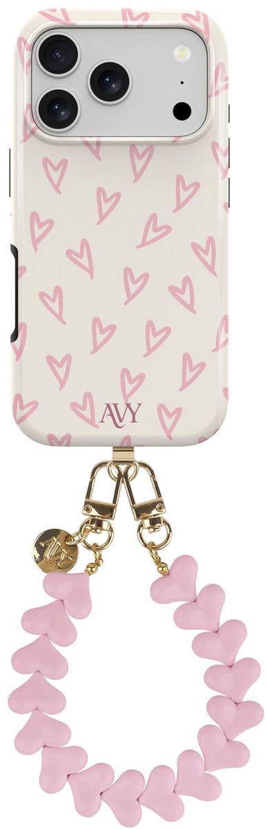 AVY Hoesje Met Telefoonkoord | Geschikt voor Apple iPhone 17 Pro Max | Compatibel met MagSafe | Hard Shell Back Cover | Stijlvol Bijpassend Koord 30CM | Cupid Hearts | Roze