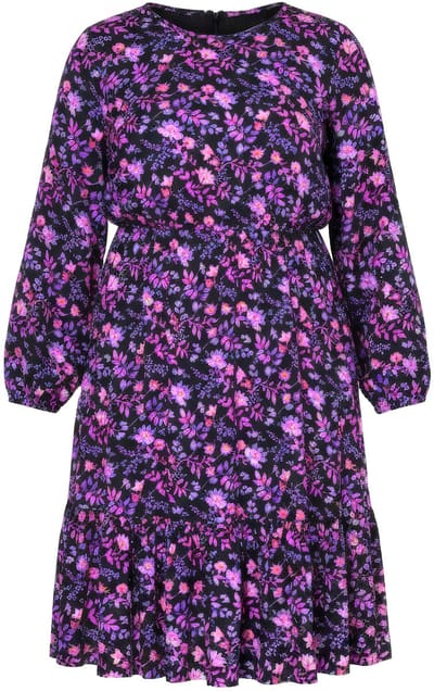 Angel of Style - Dames - Midi-jurk A-lijn bloemmotief lange mouw volant - Zwart - Maat 44