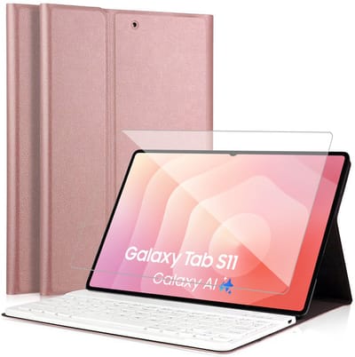 Hoes met toetsenbord geschikt voor Samsung Galaxy Tab S11 - Screen Protector GlassGuard - Keyboard Book Case Cover Hoesje Rose & Screenprotector