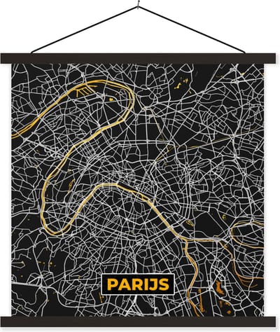 Posterhanger incl. Poster 60x60 cm - Schoolplaat - Kaart - Parijs - Stadskaart - Goud - Plattegrond - Textielposter - Zwarte latten - Stadskaart