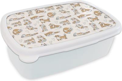 Broodtrommel Wit - Lunchbox - Brooddoos - Kat - Patroon - Dieren - 18x12x6 cm - Volwassenen
