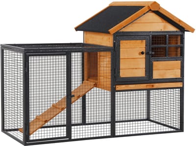 PawHut Konijnenhok Grenenhout, Metaal 122L x 63B x 92H cm Lichtgeel+Donkergrijs
