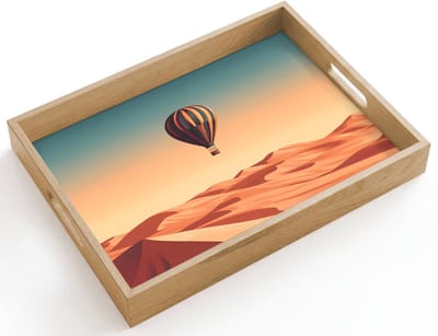 Dienblad hout 40x30 cm - Schootdienblad - Luchtballon - Woestijn - Zonsondergang - Blauw - Borrelplank rechthoek - Plateau dienbladen