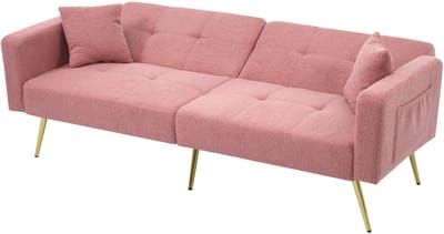 Wishdor - Slaapbank - Verstelbare Rugleuning En Zijvakken - Met Vergulde Poten - Sherpa - Roze - 175 X 64 X 72 Cm