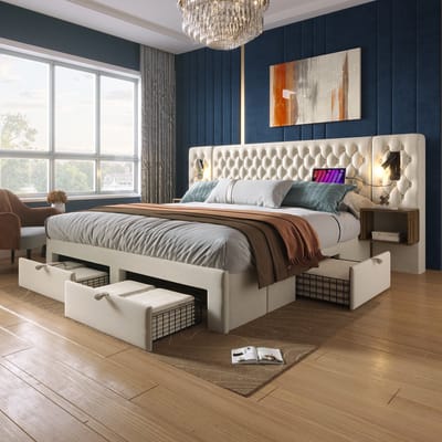 Slaapkamer Set - 160x200 cm - Gestoffeerd Bed met 2 Nachtkastjes - 4 Lades en Led - Fluweel - Beige
