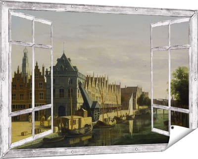 Gards Tuinposter Doorkijk De Waag en de Kraan aan het Spaarne te Haarlem - Gerrit Adriaensz Berckheyde - 150x100 cm - Tuindoek - Tuindecoratie - Wanddecoratie buiten - Tuinschilderij