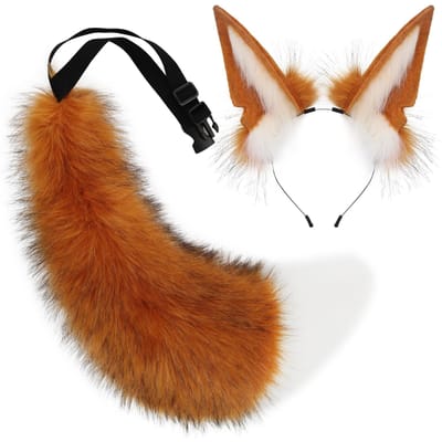 2 Pièces Bandeau Oreilles de Renard en Peluche Fausse Fourrure Queue de Loup Accessoires de Costume Fursuit one size brown