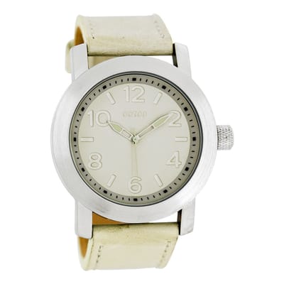 OOZOO Timepieces - Zilverkleurige horloge met beige leren band - C5150