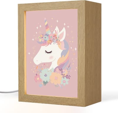 Nachtlampje 15x20 cm - Kinder lampje - Eenhoorn - Roze - Bloemen - Tafellamp kinderkamer - Slaapkamer lamp - Bedlamp kinderen - Kinderlampje stopcontact - Wandlamp babykamer - Nachtlampjes