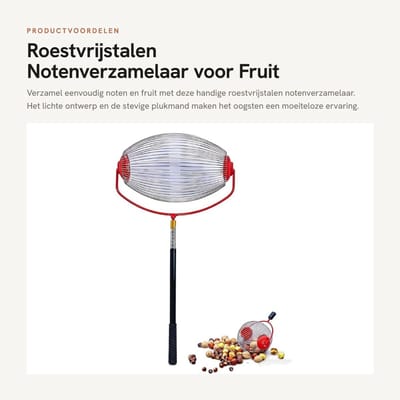 Dailygoods- Notenverzamelaar Roestvrijstalen - Fruitcollector - Appels/Peren - Lichtgewicht Ontwerp - Efficiënte Oogst - Comfortabele Handgreep