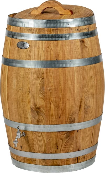 Regenton 'CLEAR' 150 l. geolied, incl. los deksel met handvat, chromen kraantje / Houten regenton / Nieuw