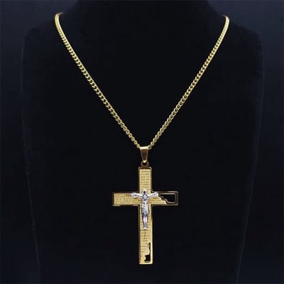 Donley Cubaanse Kruis Ketting Heren - Gouden Jezus Ketting met Heilige Tekst - Holy Cross Cubaanse Schakelketting - Christelijke Sieraden - Cadeau