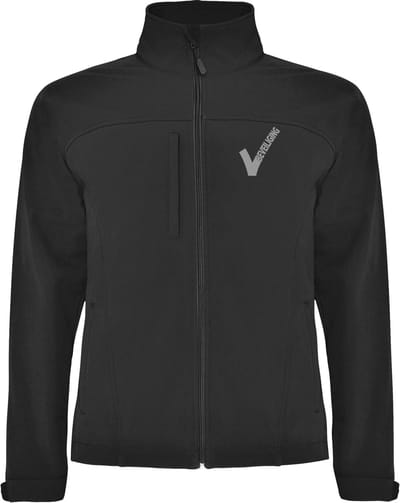 Zwarte unisex Softshell jas met Beveiliging / Security met als borstlogo het bekende V-tje en als ruglogo SECURITY - voor PROFESSIONALS, merk ROLY Maat S