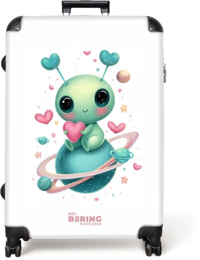 NoBoringSuitcases.com® - Koffer groot - Reiskoffer lichtgewicht - Alien die een hart vasthoud op een planeet - Rolkoffer met 4 wielen - Grote trolley XL - 98 liter bagage