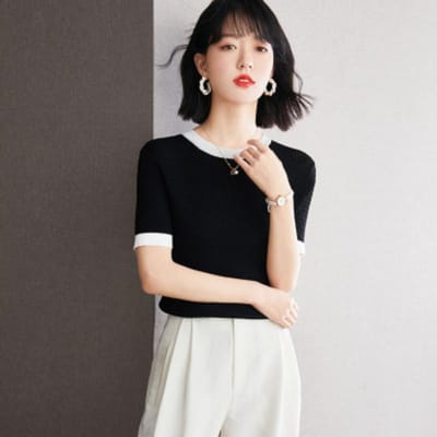 T-shirt à manches courtes Xiaoxiangfeng pour femmes Haut contrasté 2XL noir