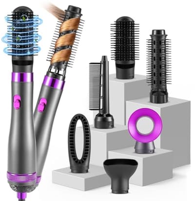 6-in-1 Haarstyler en Blazerborstel met 1000 W - Draagbare Haardrogerkam en Automatische Krultang