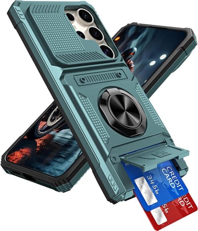 Samsung Galaxy S25 Ultra Hoes met Kaarthouder, Camera Bescherming en Magnetische Ringstand - Schokbestendig en Krastbestendig in Groen