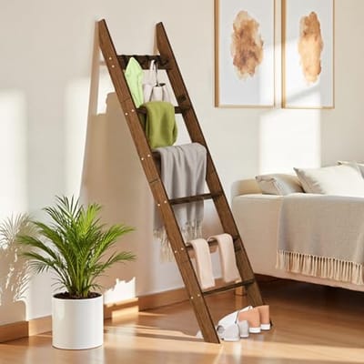 Dekenladder met 6 niveaus van dennenhout voor woonkamer en slaapkamer - Lichtgewicht en eenvoudig te monteren