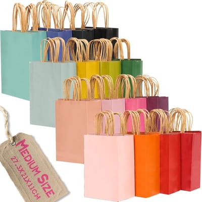 100 stuks middelgrote cadeauzakjes van papier met handvatten–10.6"×8.3"×4.3"kleine feestzakjes van kraftpapier – 16 effen kleuren