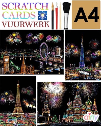 Ainy - Scratch Art Vuurwerk A4 | 4 krastekening incl. gereedschappen | DIY kras tekeningen | Schilderen op kleuren kunst kraskaart | hobby & creatief voor volwassenen en kinderen (meisjes) | Knutselen - ontspanningspakket | Schilderijen set nummer 4