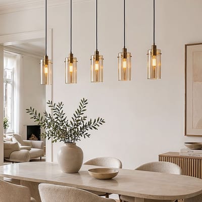 LumenXL Moderne mat zwarte - zand gouden hanglamp - amberkleurig glas 5-lichts - Seattle